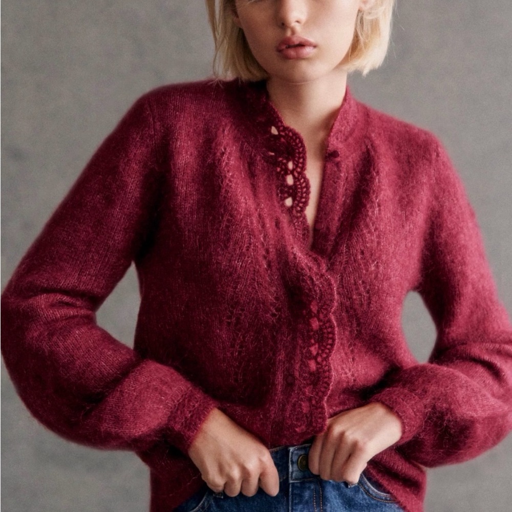 Sézane Burgundy Scallop-Trim Knit Sweater